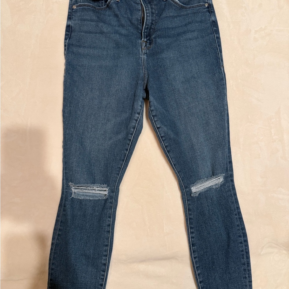 Good American Good Waist Crop Raw Hem Jeans Blue, Size 14/32, Dark Wash